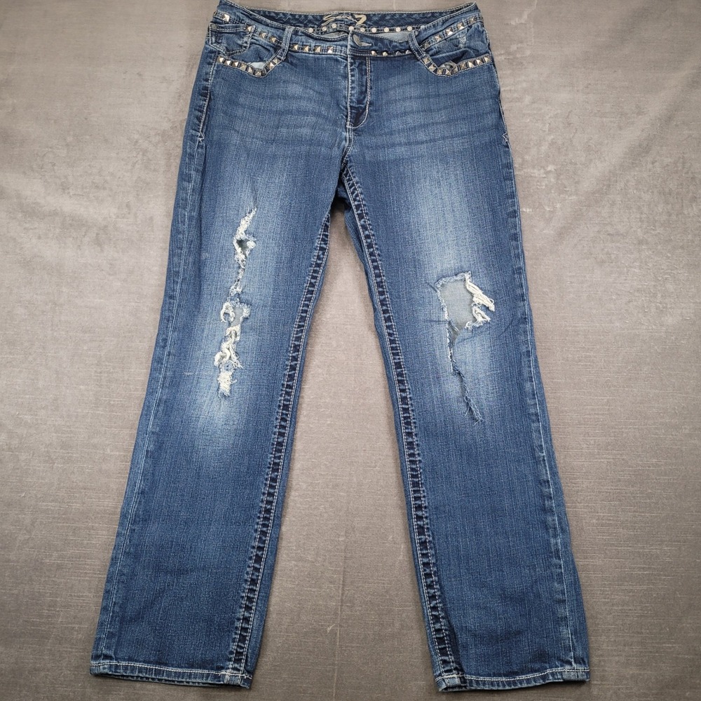 Seven7 Womens Size 18 Distressed Studded Straight Leg Jeans Blue Y2K Rocker